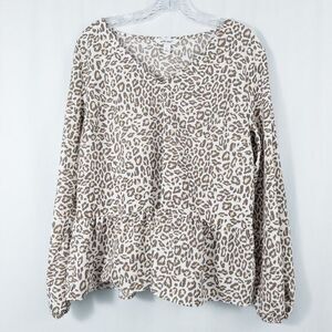 Nine West Leopard Animal Print V Neck Peplum Blouse Womens Large Crepe Chiffon